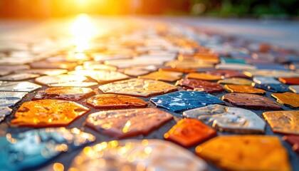 Naklejka premium FlyPro Firefly Close-up of intricate mosaic tiles forming a vibrant pathway, high-resolution photographic detail