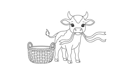 Calf with Scarf by Basket in Farm Scene