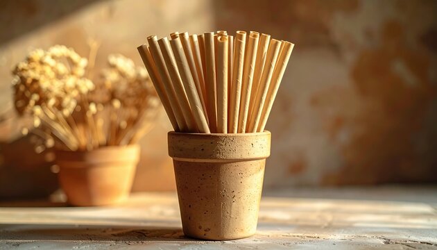 FlyPro Firefly Biodegradable Paper Straws in Small Pot, High-Resolution Photographic Style, Warm Directional Light