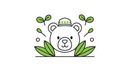 Cute Bear with Leaves and Hat in Garden