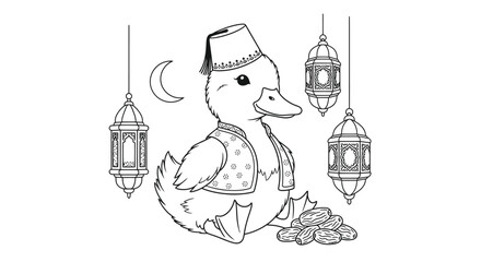 Duck in traditional hat with lanterns and coins