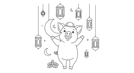 Happy Pig with Lanterns, Moon, and Ramadan Elements