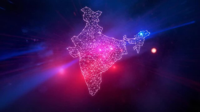 Geometric wireframe map of India illuminated with vibrant pink and blue light rays outline glowing