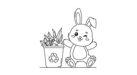 Cute Bunny with Recycling Plant Pot and Cozy Scene