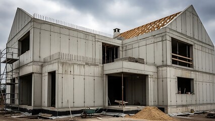 Fototapeta premium Modern residence under construction with raw concrete facade detail