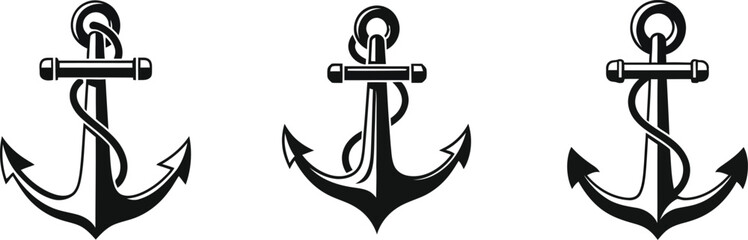 Three black anchor icons on a white background for nautical designs