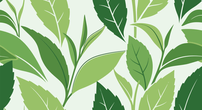 Vibrant green tea leaf botanical illustration pattern with fresh young sprouts and mature foliage creating a natural and invigorating design for