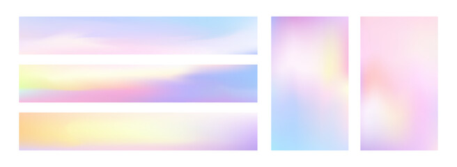 Obraz premium Pearl gradient backdrop with holographic nacre shine. Iridescent backgrounds set blends soft pastel pink, purple and blue tones in smooth ombre transition.Vector abstract bg