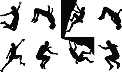 Obraz premium Collection of male silhouettes performing parkour jumps and wall flips isolated on white background, showcasing urban freestyle movement, acrobatics, strength and dynamic action poses