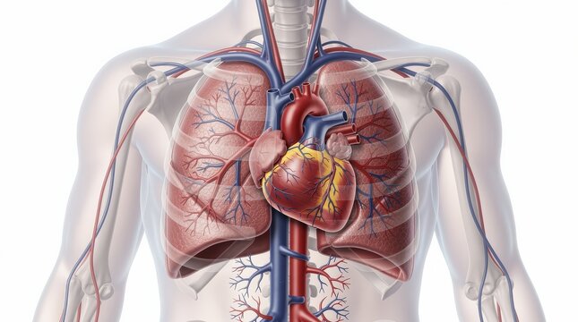 Detailed anatomical illustration showing the human heart and lungs with major blood vessels and airways inside the thoracic cavity.