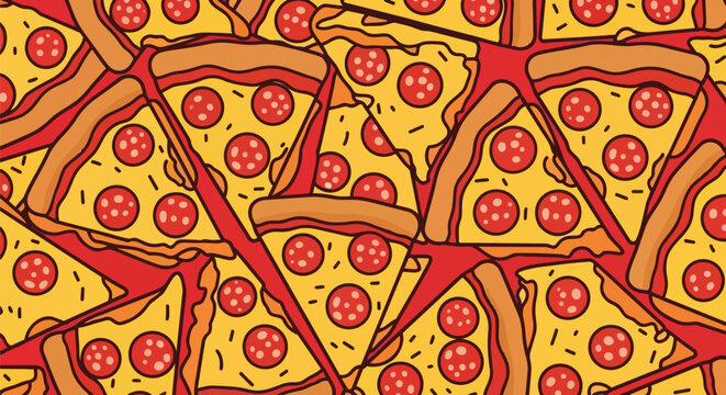 Vibrant cartoon pepperoni pizza slice pattern background design for delicious food concepts