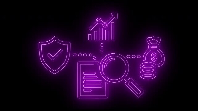Neon purple line icons of shield, graph, magnifying glass, document, and money on a black background with a minimalist composition.