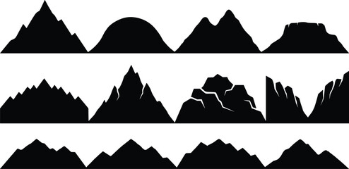 Collection of mountain range silhouettes isolated on white background, featuring various peak shapes and landscapes for nature, travel, adventure and outdoor design themes © parves's world