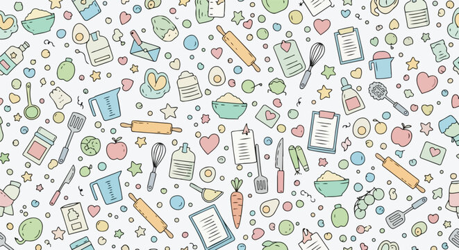 A charming lighthearted seamless pattern filled with an assortment of sweet hand-drawn baking ingredients and cute kitchen tools for cheerful
