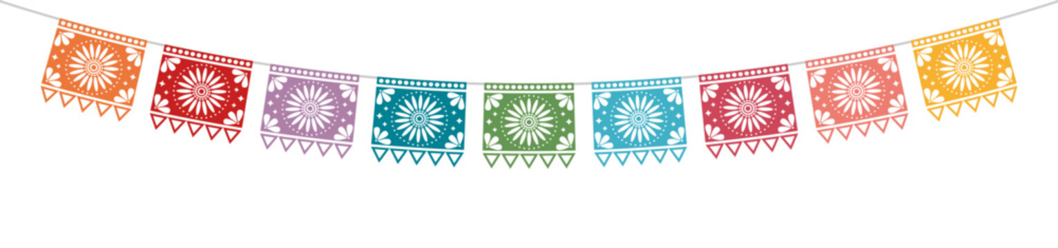 Decorative Mexican papel picado garland with intricate floral patterns for Cinco de Mayo. Vector illustration