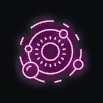 Purple neon sign illustrating planets orbiting a star in a solar system on a black background