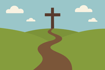 Flat vector illustration of a pathway leading to a large cross on horizon