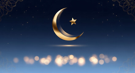 Fototapeta premium Golden Crescent Moon and Star on Blue Night Background, Elegant Ramadan Kareem Islamic Greeting Concept