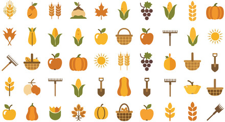 Fototapeta premium Vibrant collection of autumn harvest and farming icons a rich assortment of seasonal fruits vegetables and essential garden tools presented in a