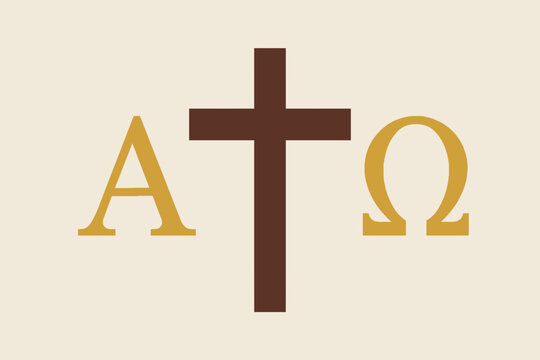 Flat vector minimal composition of alpha and omega letters flanking a central cross