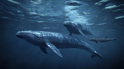 Fototapeta premium Whales swimming underwater alongside their companions
