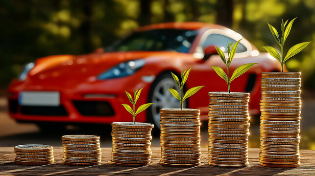 Wealth on Wheels: Conceptual still life of financial growth with a luxury car symbolizing achievement. Stacks of gold coins with growing plants represent the upward trajectory of investments.