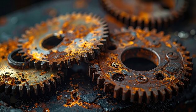 FlyPro Firefly Rusty Broken Watch Gears Exposed and Corroded Macro Lighting on Dark Workbench