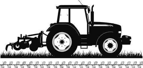 Agricultural tractor silhouette vector, modern farm machinery with plow attachment on grass field isolated for rural industry branding design © Sagar Creative