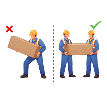 Workplace safety illustration demonstrating proper and improper lifting postures in an industrial factory environment. Visual comparison highlights essential safety measures, correct manual handling t