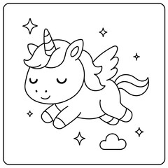 A sweet cartoon unicorn with tiny wings soaring through a starry sky.