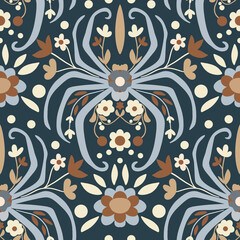 Cotton fabric Elegant folk art spider and floral seamless pattern with scandinavian navy and terracotta colors for textile wallpaper and wrapping paper digital background