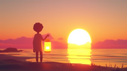 Obraz premium Silhouette of child with lantern at sunset over the ocean