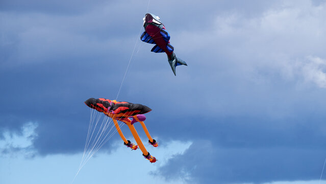 Colorful kites flying over Tempelhof Airport during kite festival in Berlin