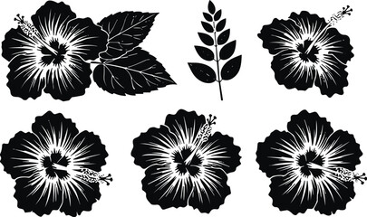 Hibiscus flower silhouettes set, black tropical floral illustration with leaves isolated on white background for tattoo logo design