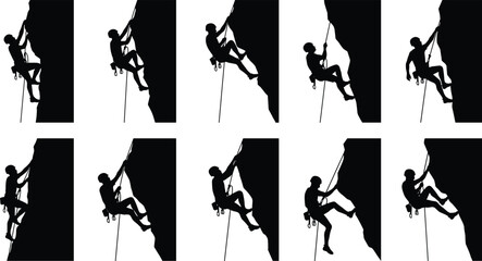 Set of rock climber silhouettes rappelling down vertical cliff isolated on white background, representing extreme sport, adventure, rope access technique and mountaineering skills © parves's world