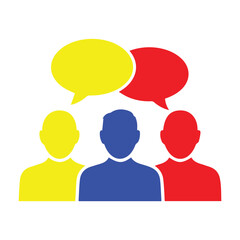 A minimalist vector icon set featuring three people silhouettes in yellow, blue, and red with speech bubbles, representing team communication, social interaction, and group discussion