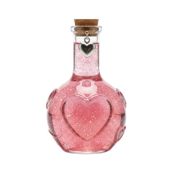 Pink glitter potion bottle with heart charm and embossed heart