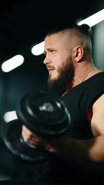 Two cinematic side-profile frames of a bearded, muscular man working out in a dimly lit gym, revealing focused expressions, strong physique, and soft bokeh lights in the background