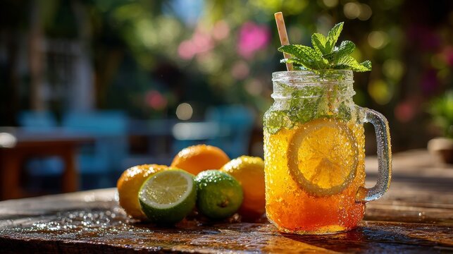 Refreshing citrus drink in mason jar with mint and lemon slices