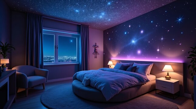 Starry Sky Bedroom with City View and Ambient Lighting