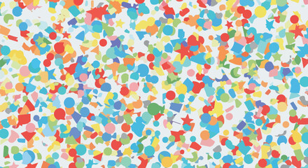 Obraz premium A lively abstract design featuring a dynamic scatter of colorful geometric and organic shapes, perfect for backgrounds, celebrations, or playful