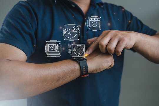 Man using smartwatch with digital healthcare icons for heart rate and medical monitoring, representing wearable technology, remote healthcare service, and health data innovation.