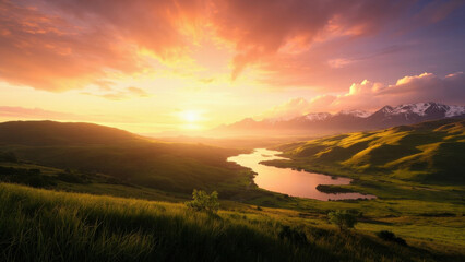 Obraz premium Golden sunset over a serene mountain landscape with a winding river and snow-capped peaks