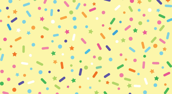 Vibrant and whimsical confectionery sprinkle pattern on a cheerful pale yellow backdrop creating a delightful and celebratory aesthetic for various