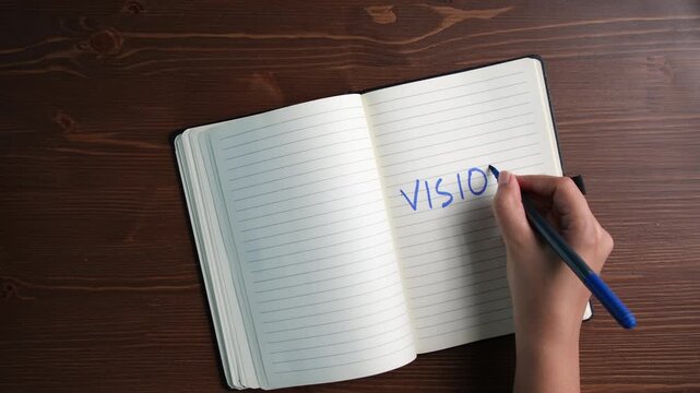 vision, goals and success concept background in ruled notepad with marker, concept video  in 8k resolution