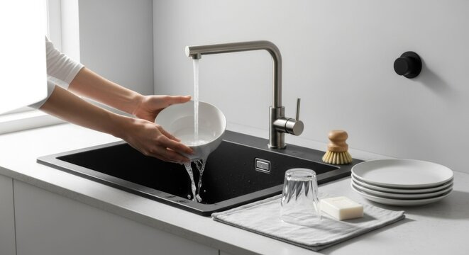 Woman washing dishes in a modern black kitchen sink with running water and a faucet.