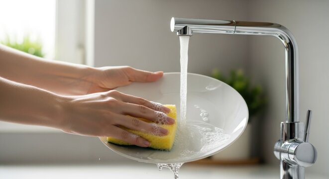 Woman washing dishes by hand in a modern kitchen sink with running water and sponge