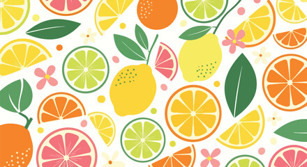 Vibrant citrus fruit pattern featuring lemons limes oranges grapefruit slices and green leaves
