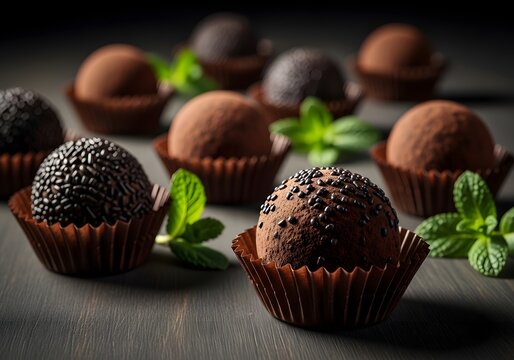 Chocolate truffles with mint garnish on a dark wooden surface