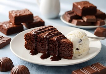 Chocolate brownie cake with vanilla ice cream and chocolate sauce